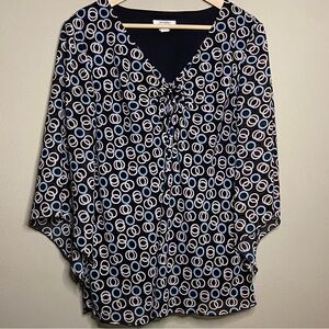 Dressbarn Blouse Womens 14/16 Black Blue Pink Circles Lined Batwing Sleeves